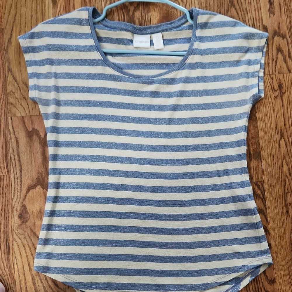 Chico's Fitted Blue and Cream Short Sleeve Tee